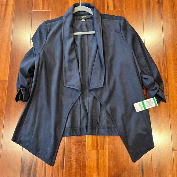 Alfani Jackets & Blazers - New Alfani Blue Jacket Open Front Faux Suede Gathered Sleeve Blazer Sz Petite L